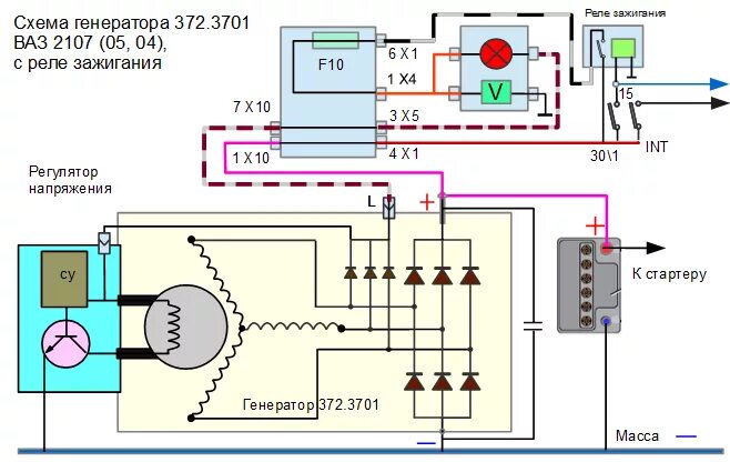 Реле регулятор генератора ваз схема подключения Схема генератора 372.3701 на ВАЗ 2107 (05,04) - Схемы автомобильных генераторов 