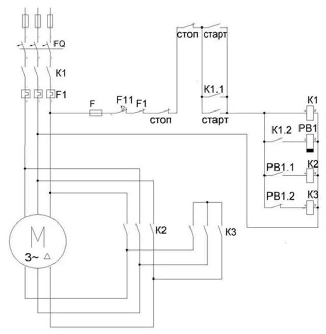 Реле времени схемы подключения электродвигателя Схема ручного переключения со звезды на треугольник