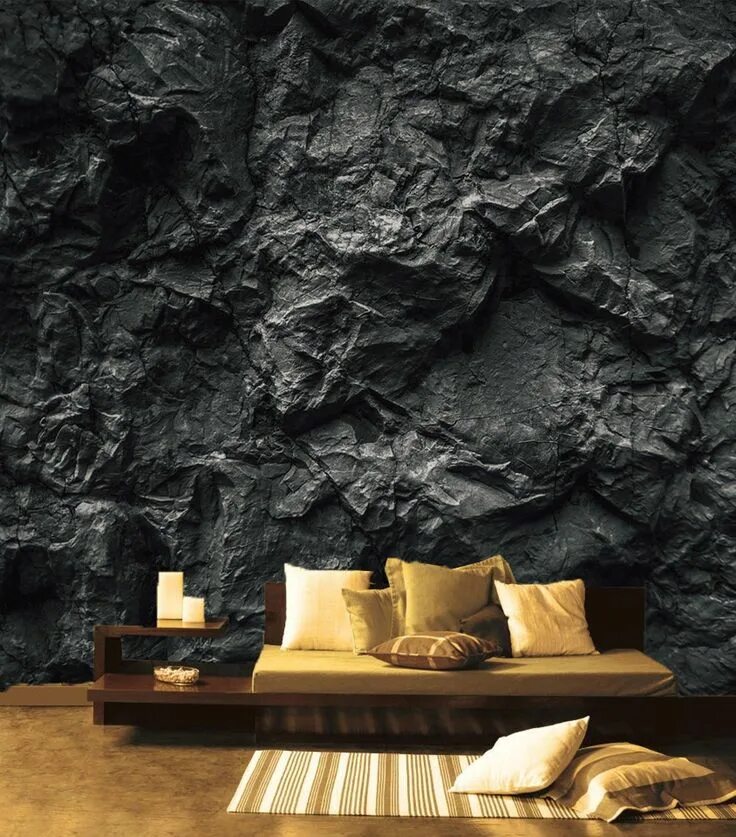 Рельефная стена в интерьере Dark Wall Mural for Living Room Black Stone Wall Removable Wallpaper Black Textu