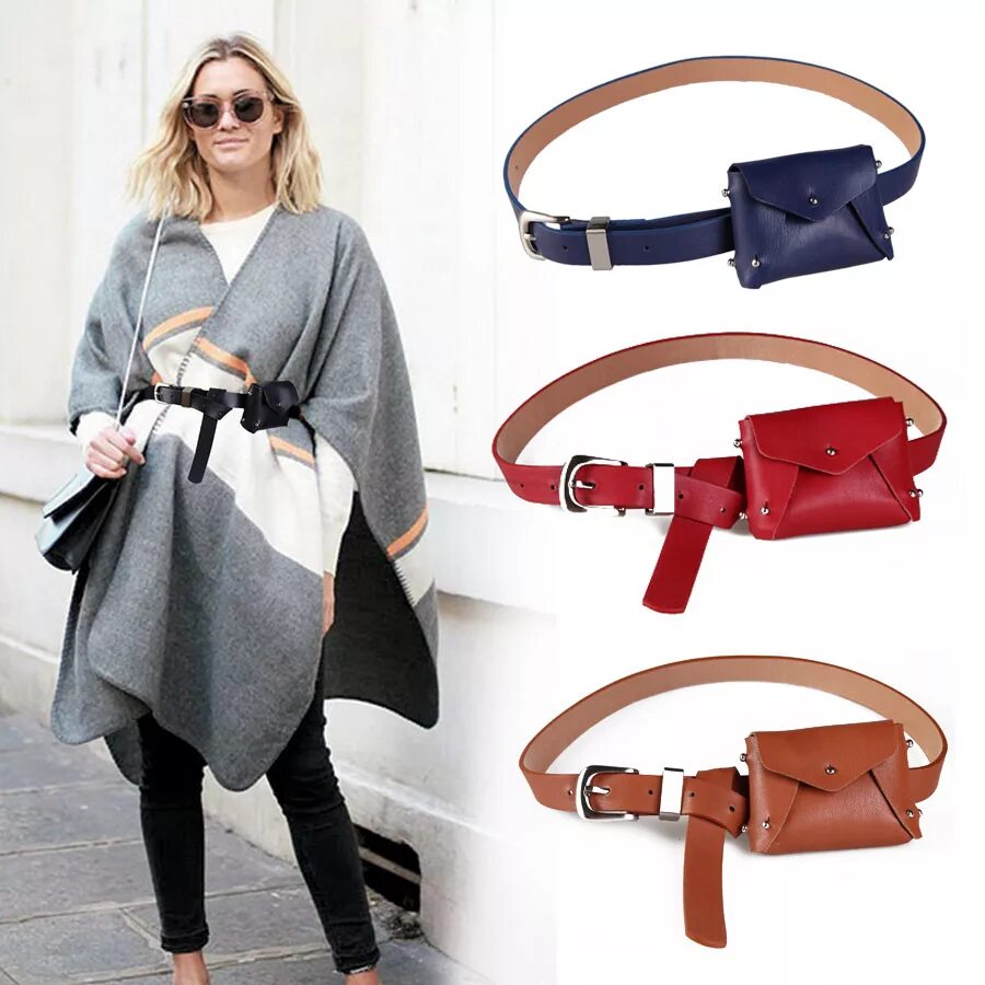 Ремень сумочка женская FEECOLOR Fashion All Match Simple And Compact Ladies Belt With Waist Bag Soft PU