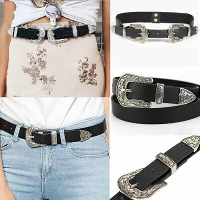 Ремень в ковбойском стиле женский Women Leather Western Cowgirl Waistband Double Metal Buckle Waist Belt Black eBa