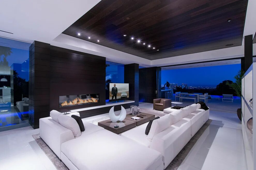 Ремонт дорогой интерьер Laurel Way Beverly Hills luxury home modern living room with sliding glass walls