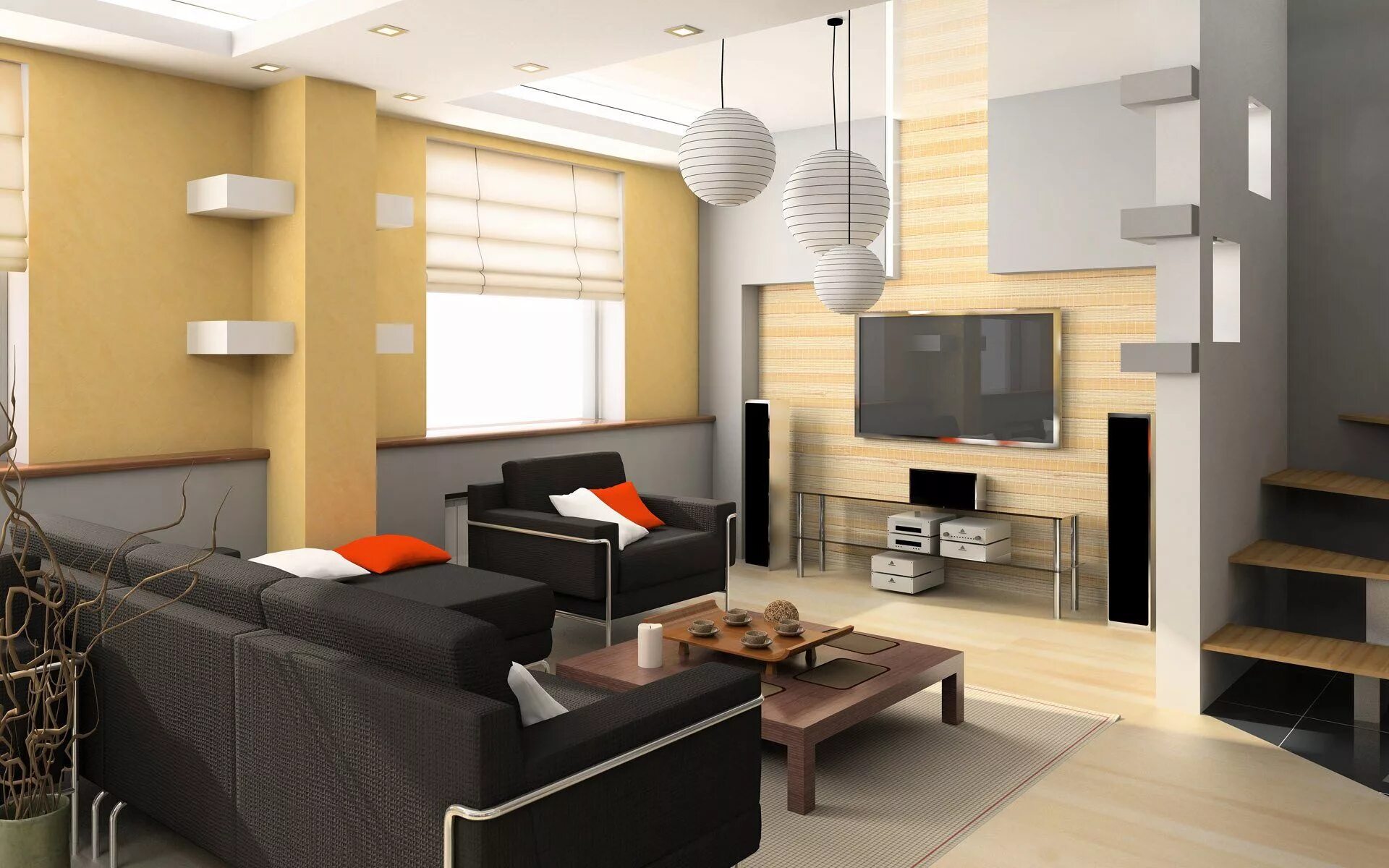 Ремонт интерьер Modern Living Room with Sofa, Lights and TV Casas sencillas bonitas, Casa sencil