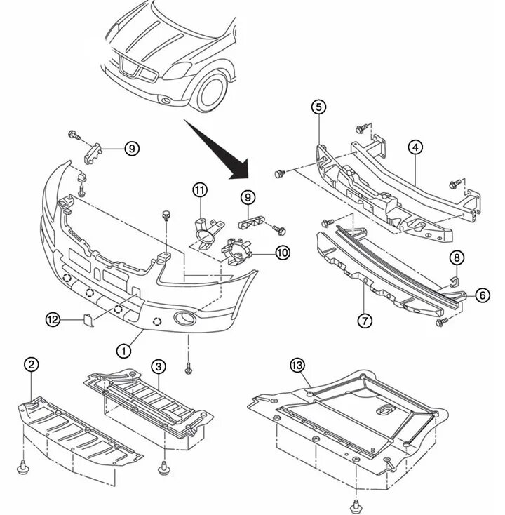 Ремонт ниссан кашкай j10 своими руками Front bumper - device (Nissan Qashqai 1 J10, 2006-2013) - "Body: Exterior (exter