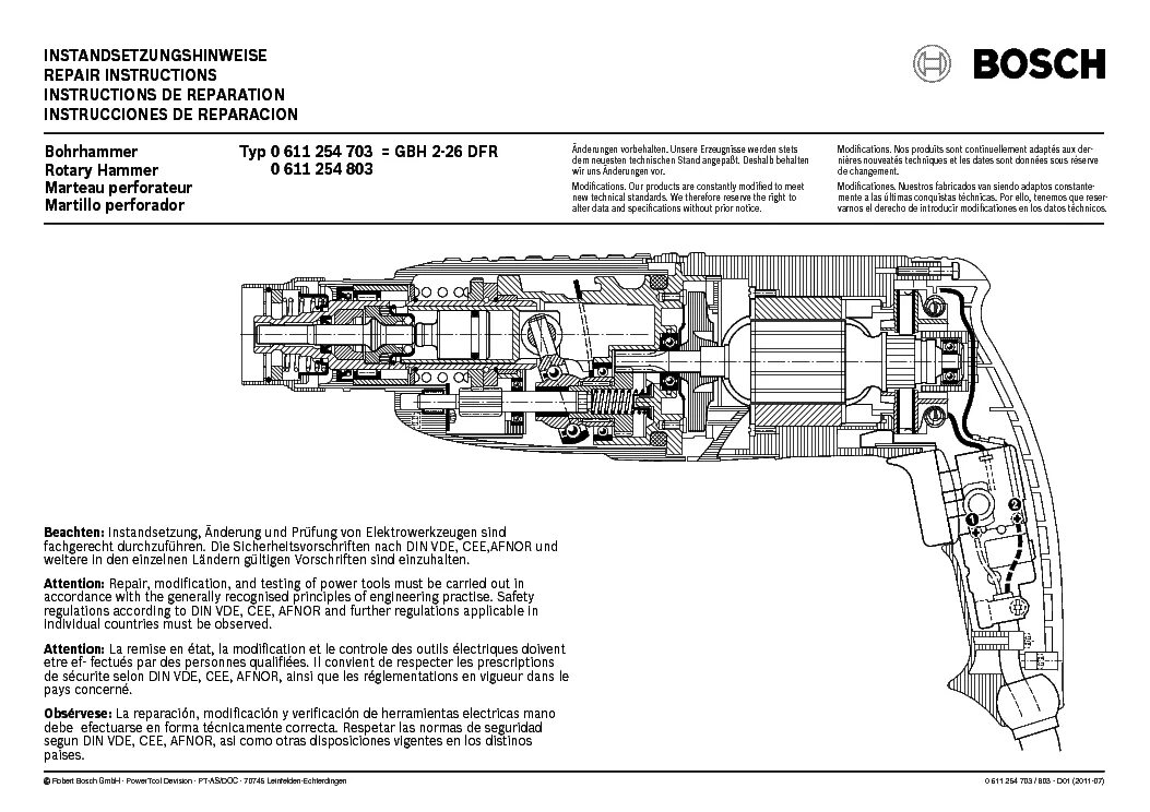 Ремонт перфоратора бош своими руками BOSCH GBH 2-26DFR TYPE 0 611 254 703-803 Service Manual download, schematics, ee