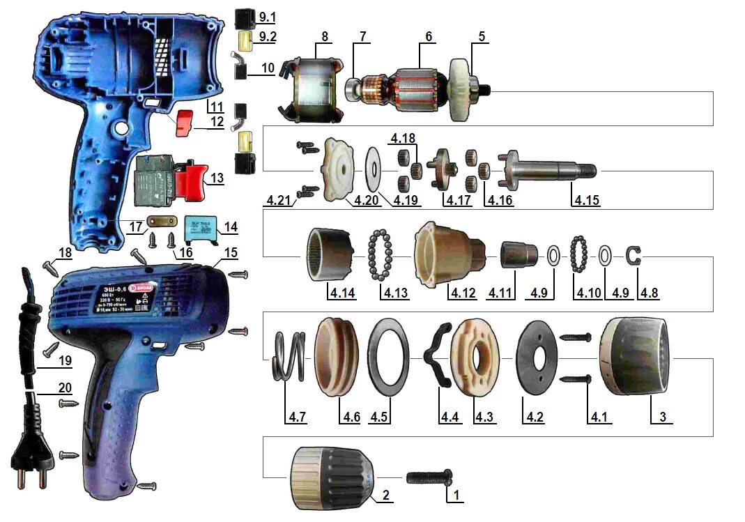 Ремонт шуруповерта 12 вольт своими руками Каталог запчастей: ЭШ-0,6