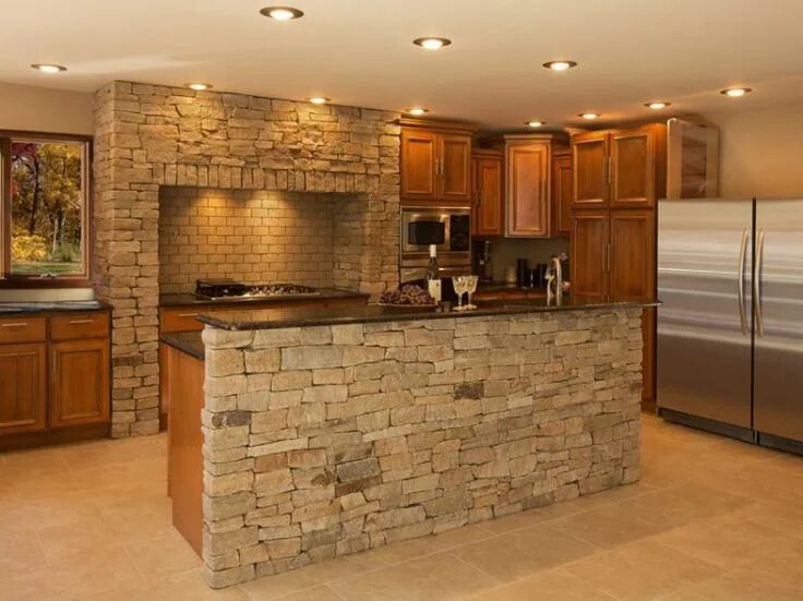 Ремонт своими руками отделка кухни Kitchen with Stone Walls and Wooden Cabinets