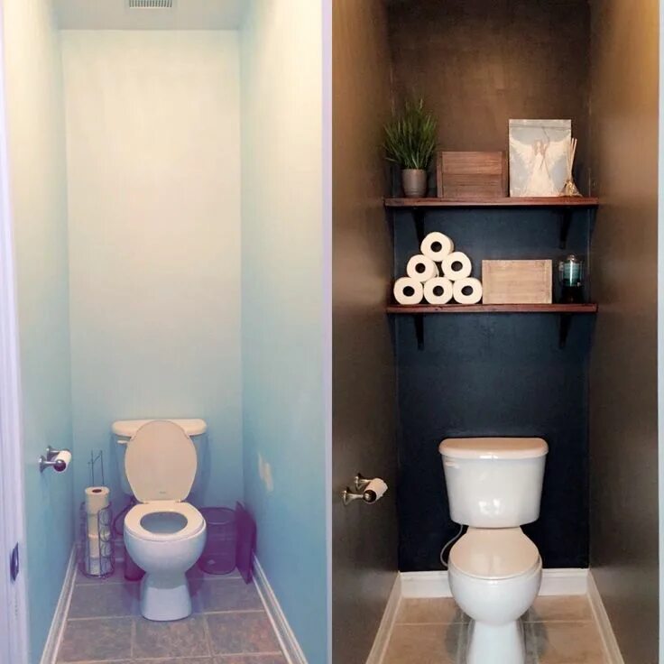 Ремонт в туалете своими руками недорого Bathroom makeover. Toilet room, dark colors, floating shelves, baskets, clutter 