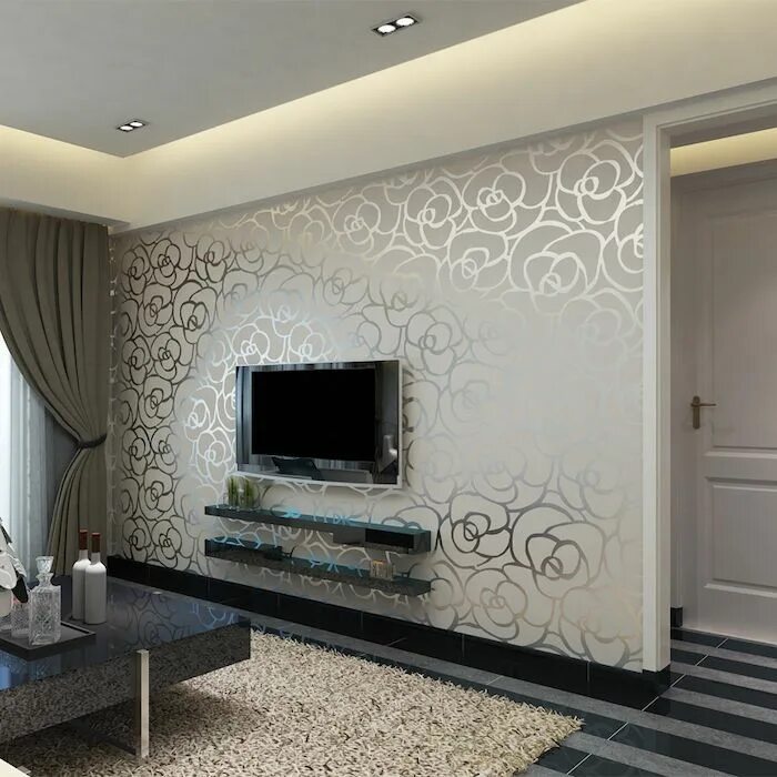 Ремонт в зале фото 2024 white and silver floral wallpaper, wallpaper accent wall, grey and black stripe.