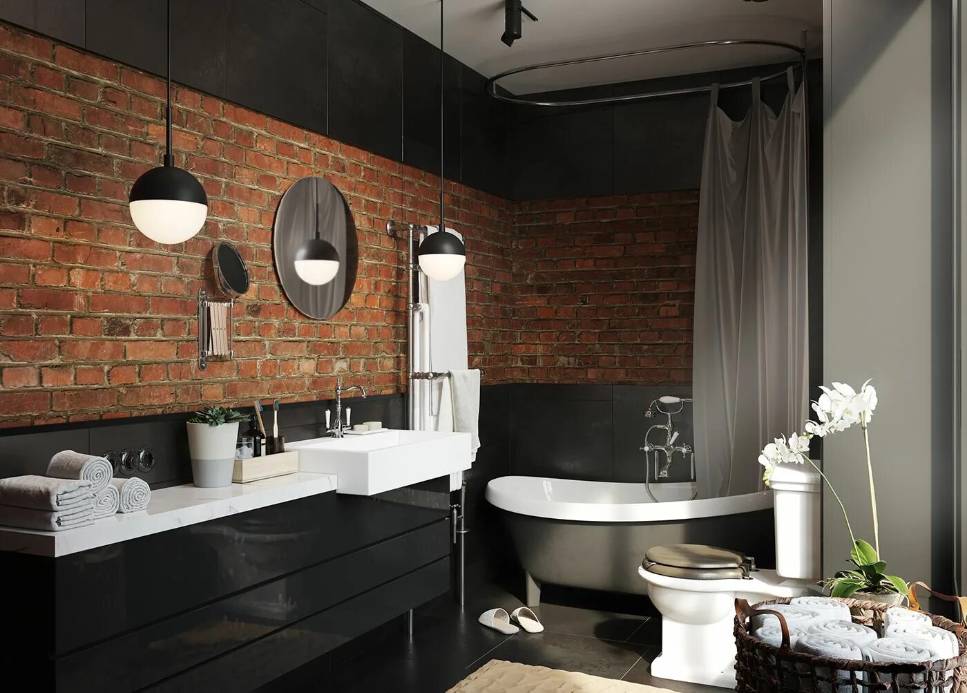 Ремонт ванной комнаты в стиле лофт Loft Interior on Behance Loft interiors, Brick bathroom, Exposed brick bathroom