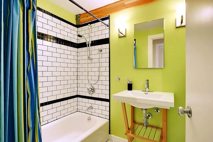 Ремонт ванной своими руками без плитки Amazing Lime Green Walls Home Renovations with White Sink and Neon Wall in 2019 