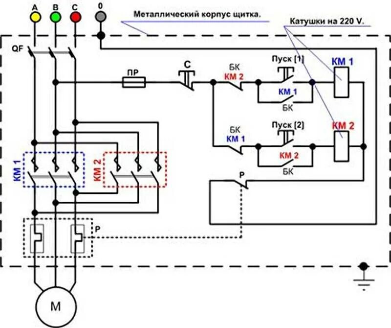 Реверсивная схема подключения электродвигателя 380 через пускатель Схема включения магнитного пускателя фото - DelaDom.ru
