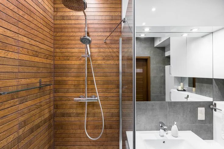 Рейка в интерьере ванной Modern Wood Paneling Shower Bathroom