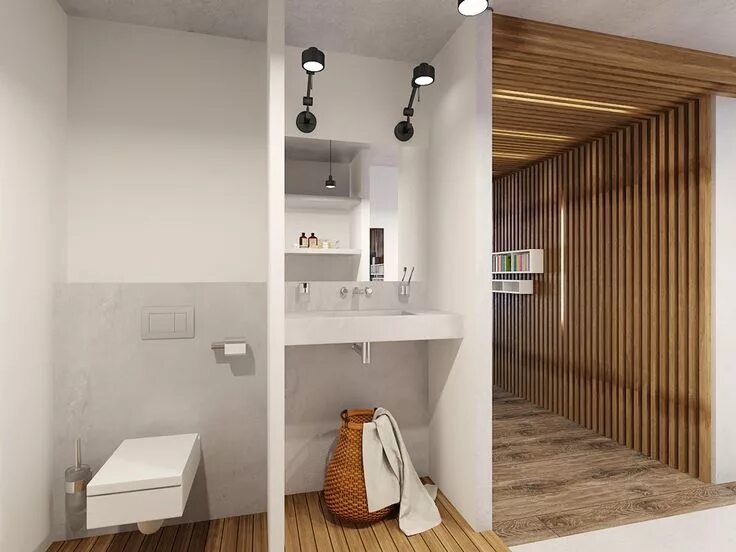 Рейка в интерьере ванной Two Cheerful Apartments with Creative Storage and Splashes of Color (с изображен