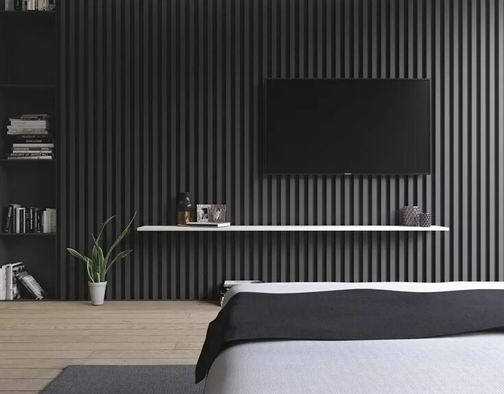 Рейки на серой стене в интерьере BlackBook Bedroom furniture design, Feature wall living room, Black interior des