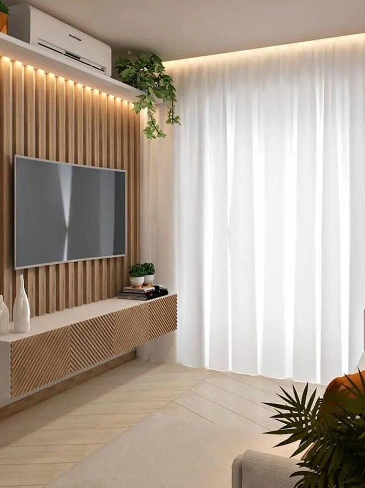 Рейки на стену под телевизор в интерьере 35 Enjoying Bedroom Design Ideas With Wall Tv To Try Salas pequenas, Decoração s