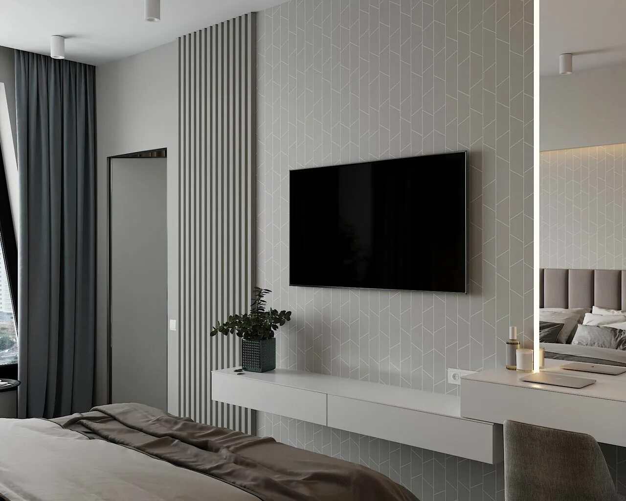 Рейки на стену под телевизор в интерьере Pin by Mari Gerasimova on design Modern bedroom design, Bedroom design, Tv in be