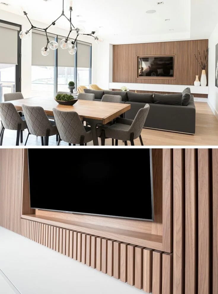 Рейки на стену с телевизором в интерьере Design Detail - A Wood Slat Accent Wall Surrounds The TV In This Living Room Acc