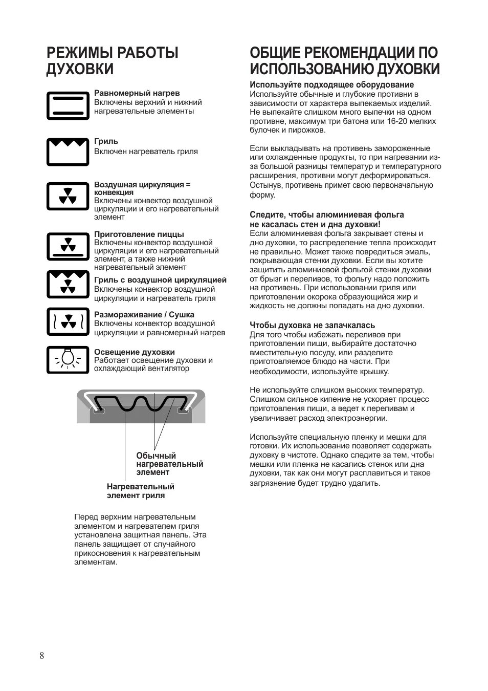 Режимы духовки фото Режимы работы духовки, Общие рекомендации по использованию духовки Инструкция по