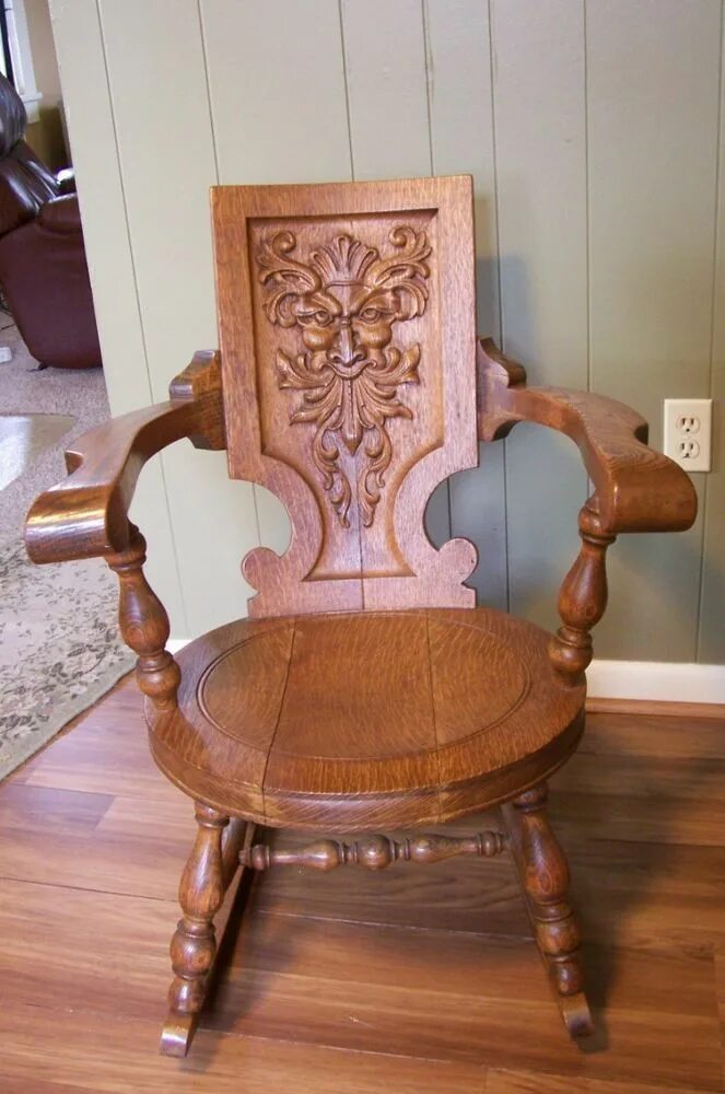 Резные стулья из дерева эксклюзивные работы фото Antique Quartersawn Oak ROCKER w Carved GREENMAN FACE c1900s Mythical Antique oa