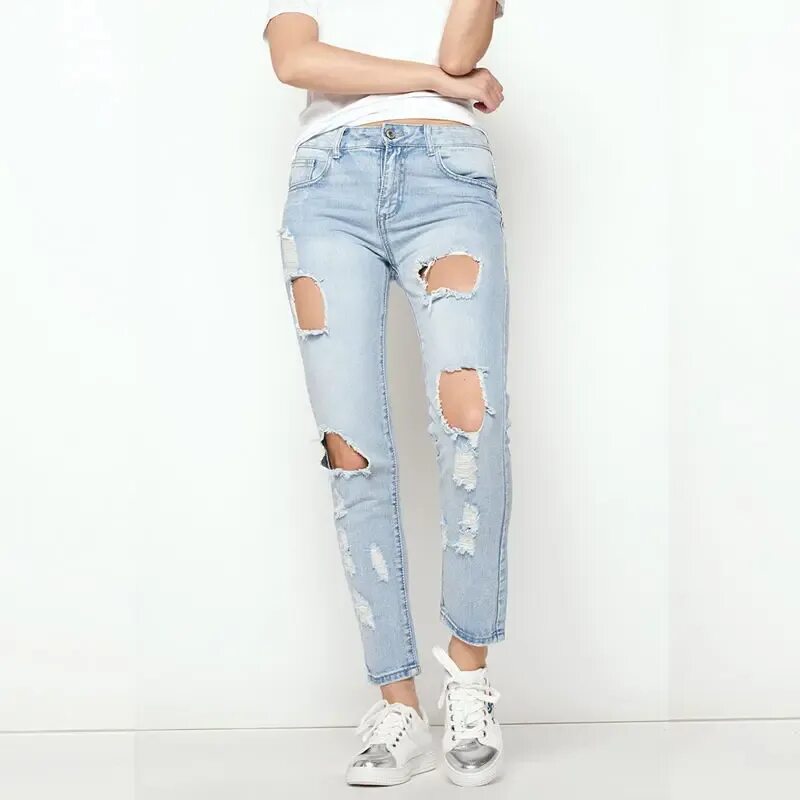 Рваные джинсы 2024 фото Women Stretch Denim Pencil Pants High Waist Jeans Boyfrined Ripped Hole Women Je