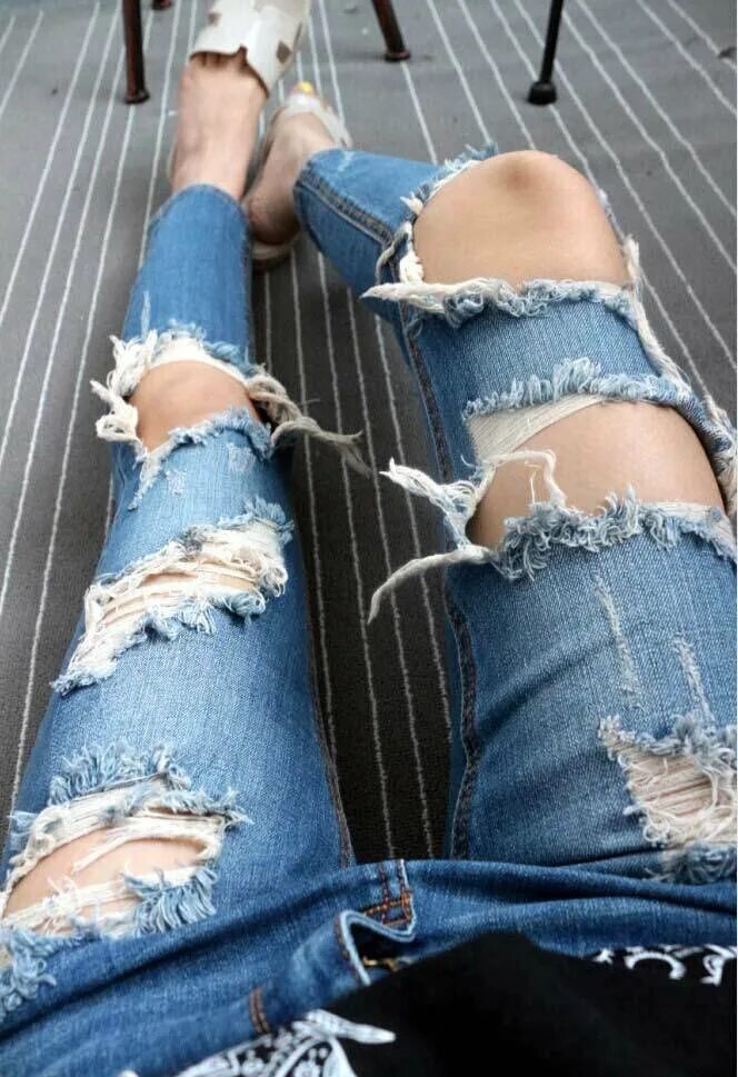 Mid Waist Destroyed Ripped Jeans Ladies Skinny Faded Ripped Casual Slim Denim Pa