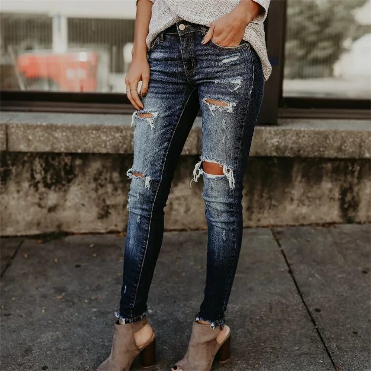 Рваные джинсы фото женские 2019 Spring Boyfriend Style Hole Ripped High Waist Slim Jeans Women Cool Denim V