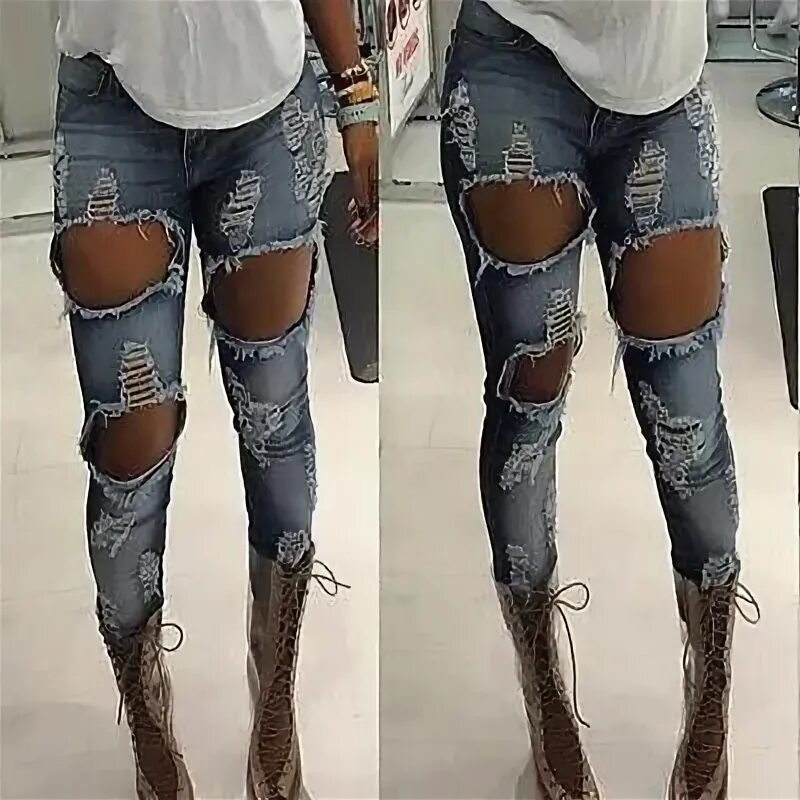 Рваные джинсы ужас моды фото High Waist Skinny Women's Destroyed Ripped Hole Leggings Jeans Leggings are not 